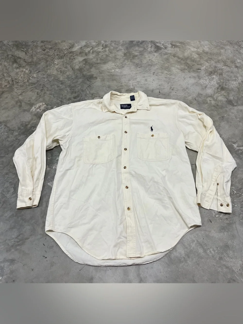Vintage 90s Polo Ralph Lauren Shirt Large Made in USA Dual Pocket Beige Cream